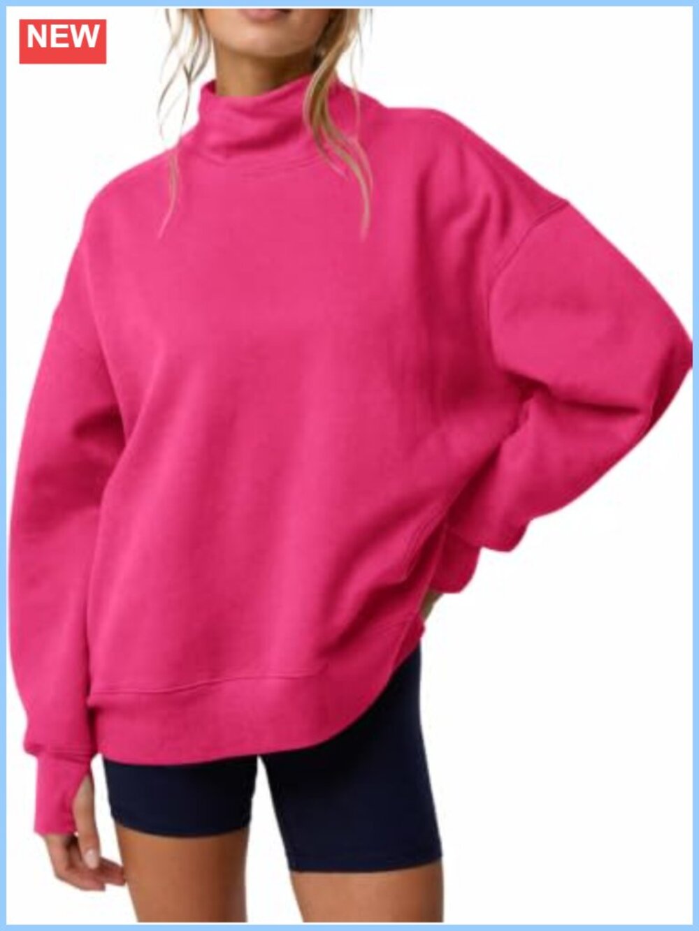 Oversized Mock Neck Sweatshirt Pullover Lantern Sleeve Thumb Hole